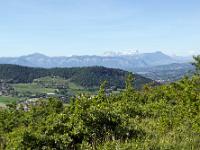 Rando à Mongervis (Sisteron)  Nous voici au sommet qui forme une sorte de petit plateau boisé. Au 1er plan, le Molard. Au loin, les crêtes des Selles et le pic de Crigne, vers la droite Ceüse et la Montagne. En arrière plan, enneigés, le Dévoluy et le Pic de Bure