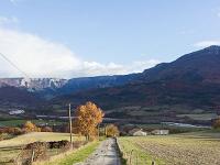Vallée du Jabron  Route qui rejoint la D946 (route principale qui dessert la vallée). Au loin, le hameau de la Ribière (commune de Noyers)